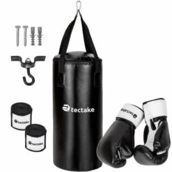 TECTAKE 1 Sac De Frappe + 2 Gants De Boxe + 2 Bandages De Boxe Noir + Fixation - Noir