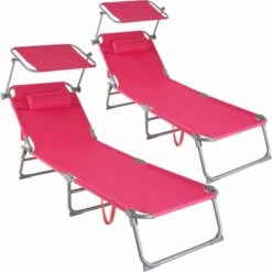 TECTAKE Lot De 2 Transats CHLOE - Lot De 2 Chaises Longues, Bains De Soleil, Transats Jardin - Rose Vif