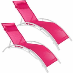 TECTAKE Lot De 2 Transats Avec Coussin De Tête - Lot De 2 Chaises Longues, Bains De Soleil, Transats Jardin - Rose Vif