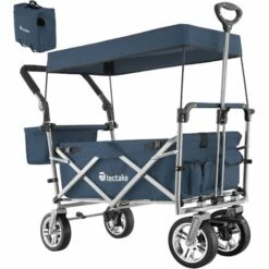 TECTAKE Chariot De Jardin à Main Pliable Nico Avec Sac De Transport Capacité De Charge 80kg - Remorque à Main Pliable, Chariot De Transport Pliable, Chariot De Jardin 4 Roues - Bleu