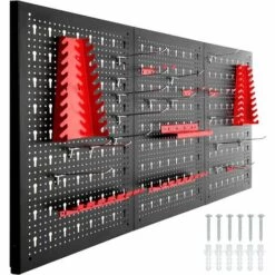 TECTAKE Panneaux Perforés Pour Rangerment D'outils Avec 25 Crochets Et Supports 120x2x60cm - Porte Outils Mural, Support Outils Mural, Range Outils Mural - Noir/rouge