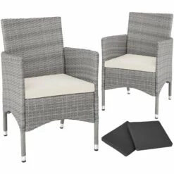 TECTAKE Lot De 2 Fauteuils De Jardin Acier Avec 2 Sets De Housses - Lot De 2 Chaises De Jardin, Fauteuils Exterieurs, Chaises Exterieurs - Gris Clair