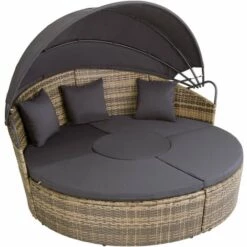 TECTAKE Bain De Soleil Rond Modulable ZANZIBAR - Chaise Longue, Transat Bain De Soleil, Transat Jardin - Marron Naturel