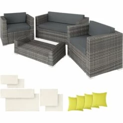 TECTAKE Salon Bas De Jardin MUNICH 4 Places Avec 2 Sets De Housses - Mobilier De Jardin, Meuble De Jardin, Ensemble Table Et Chaises De Jardin - Gris
