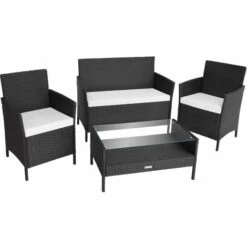 TECTAKE Salon De Jardin MADERE 2 Chaises Fauteuils, 1 Banc, 1 Table - Mobilier De Jardin, Meuble De Jardin, Ensemble Table Et Chaises De Jardin - Noir