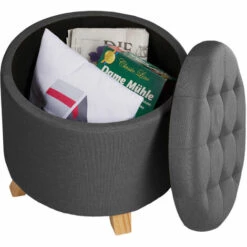 TECTAKE Tabouret Avec Coffre De Rangement Aspect Lin SUNA Capitonné - Tabouret Bois, Tabouret Bas, Tabouret Scandinave - Gris Foncé -TECTAKE Soldes 2022 33300526 5