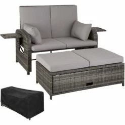 TECTAKE Canapé De Jardin CRETE 2 Places Avec Housse De Protection - Table De Jardin, Mobilier De Jardin, Fauteuil De Jardin - Gris
