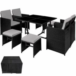 TECTAKE Salon De Jardin BILBAO 8 Places Avec Housse De Protection - Mobilier De Jardin, Meuble De Jardin, Ensemble Table Et Chaises De Jardin - Noir/gris