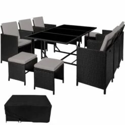 TECTAKE Salon De Jardin MALAGA 10 Places Avec Housse De Protection - Mobilier De Jardin, Meuble De Jardin, Ensemble Table Et Chaises De Jardin - Noir/gris