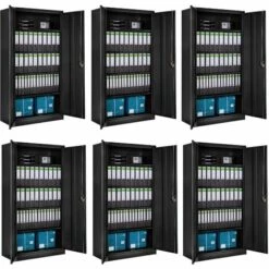 TECTAKE Lot De 6 Armoires Métallique à Dossiers 5 Niveaux 180x90x40cm - Meuble Rangement, Armoire De Bureau, Etagere De Rangement - Noir