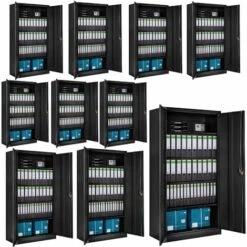 TECTAKE Lot De 10 Armoires Métallique à Dossiers 5 Niveaux 180x90x40cm - Meuble Rangement, Armoire De Bureau, Etagere De Rangement - Noir