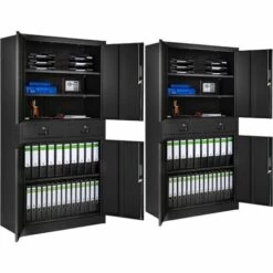 TECTAKE Lots De 2 Armoires Métallique De Classement Avec 2 Tiroirs 180x90x40cm - Meuble Rangement, Armoire De Bureau, Etagere De Rangement - Noir