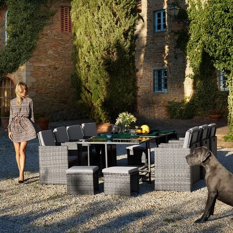 TECTAKE Salon De Jardin PALMA 12 Places Avec Housse De Protection, Variante 2 - Mobilier De Jardin, Meuble De Jardin, Ensemble Table Et Chaises De Jardin - Marron Naturel/gris Foncé 4 TECTAKE Salon De Jardin PALMA 12 Places Avec Housse De Protection, Variante 2 - Mobilier De Jardin, Meuble De Jardin, Ensemble Table Et Chaises De Jardin - Marron Naturel/gris Foncé – Image 2