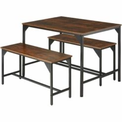 TECTAKE Ensemble De Salle à Manger BOLTON 1 Table + 2 Bancs Style Vintage - Ensemble Pour Salle à Manger, Ensemble Pour Cuisine, Ensemble De Sièges - Bois Foncé Industriel