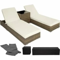 TECTAKE Bain De Soleil Duo 5 Positions Avec 2 Sets De Housses + Housse De Protection - Chaise Longue, Transat Bain De Soleil, Transat Jardin - Marron Naturel