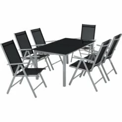 TECTAKE Salon De Jardin Avec 6 Chaises Pliantes Et 1 Table En Verre Et En Aluminium Gris Clair / Noir - Gris Clair