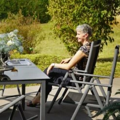 TECTAKE Salon De Jardin Avec 6 Chaises Pliantes Et 1 Table En Verre Et En Aluminium Gris Clair / Noir - Gris Clair -TECTAKE Soldes 2022 66851137 3