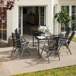 TECTAKE Salon De Jardin Avec 6 Chaises Pliantes Et 1 Table En Verre Et En Aluminium Gris Clair / Noir - Gris Clair -TECTAKE Soldes 2022 66851137 4