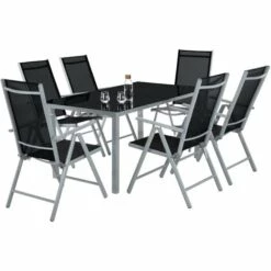 TECTAKE Salon De Jardin Avec 6 Chaises Pliantes Et 1 Table En Verre Et En Aluminium Gris Clair / Noir - Gris Clair -TECTAKE Soldes 2022 66851137 5