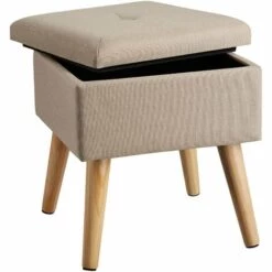 TECTAKE Tabouret Avec Coffre De Rangement Aspect Lin ELVA Carré - Tabouret Bois, Tabouret Bas, Tabouret Scandinave - Sable