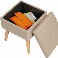 TECTAKE Tabouret Avec Coffre De Rangement Aspect Lin ELVA Carré - Tabouret Bois, Tabouret Bas, Tabouret Scandinave - Sable -TECTAKE Soldes 2022 66851615 4