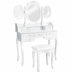 TECTAKE Soldes 2022 9 TECTAKE Coiffeuse Table De Maquillage Commode Avec Miroir 3 Faces Rabattables Et 7 Tiroirs + 1 Tabouret Blanc - Blanc