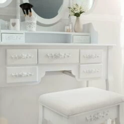 TECTAKE Coiffeuse Table De Maquillage Commode Avec Miroir 3 Faces Rabattables Et 7 Tiroirs + 1 Tabouret Blanc - Blanc -TECTAKE Soldes 2022 66851781 4
