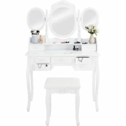 TECTAKE Coiffeuse Table De Maquillage Commode Avec Miroir 3 Faces Rabattables Et 7 Tiroirs + 1 Tabouret Blanc - Blanc -TECTAKE Soldes 2022 66851781 5