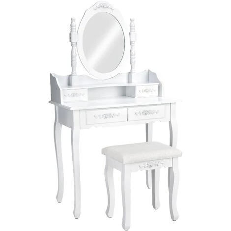 TECTAKE Coiffeuse Table De Maquillage Commode Avec Miroir Et 4 Tiroirs Ornés De Roses + 1 Tabouret Blanc - Blanc 3 TECTAKE Coiffeuse Table De Maquillage Commode Avec Miroir Et 4 Tiroirs Ornés De Roses + 1 Tabouret Blanc - Blanc