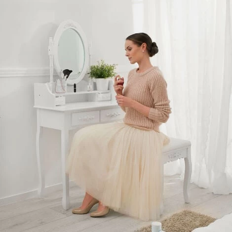 TECTAKE Coiffeuse Table De Maquillage Commode Avec Miroir Et 4 Tiroirs Ornés De Roses + 1 Tabouret Blanc - Blanc 4 TECTAKE Coiffeuse Table De Maquillage Commode Avec Miroir Et 4 Tiroirs Ornés De Roses + 1 Tabouret Blanc - Blanc – Image 2