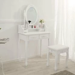 TECTAKE Coiffeuse Table De Maquillage Commode Avec Miroir Et 4 Tiroirs Ornés De Roses + 1 Tabouret Blanc - Blanc 11 TECTAKE Coiffeuse Table De Maquillage Commode Avec Miroir Et 4 Tiroirs Ornés De Roses + 1 Tabouret Blanc - Blanc -TECTAKE Soldes 2022 66851785 5