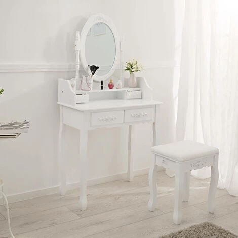 TECTAKE Coiffeuse Table De Maquillage Commode Avec Miroir Et 4 Tiroirs Ornés De Roses + 1 Tabouret Blanc - Blanc 7 TECTAKE Coiffeuse Table De Maquillage Commode Avec Miroir Et 4 Tiroirs Ornés De Roses + 1 Tabouret Blanc - Blanc – Image 5