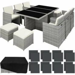 TECTAKE Salon De Jardin NEW YORK 10 Places Avec 2 Sets De Housses + Housse De Protection, Variante 2 - Mobilier De Jardin, Meuble De Jardin, Ensemble Table Et Chaises De Jardin - Gris Clair