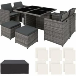 TECTAKE Salon De Jardin MANHATTAN 8 Places Avec 2 Sets De Housses + Housse De Protection, Variante 2 - Mobilier De Jardin, Meuble De Jardin, Ensemble Table Et Chaises De Jardin - Gris