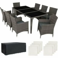 TECTAKE Salon De Jardin MONACO Résine Tressée 8 Personnes 8 Fauteuils 1 Table + 1 Housse Gris - Gris
