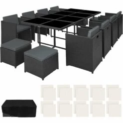 TECTAKE Salon De Jardin NOUVELLE ORLEANS 12 Places Avec 2 Sets De Housses + Housse De Protection - Mobilier De Jardin, Meuble De Jardin, Ensemble Table Et Chaises De Jardin - Noir