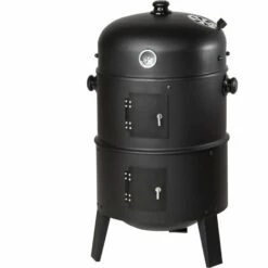 TECTAKE Barbecue 3 En 1, Grill, Fumoir, Smoker Avec Thermomètre Et Crochets Pour Fumer - Charbon De Bois Noir - Noir