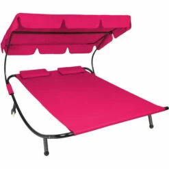 TECTAKE Chaise Longue 2 Places Avec Pare-Soleil Et 2 Coussins Rose - Rose
