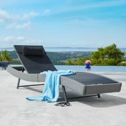 TECTAKE Transat De Jardin En Résine Tressée 211 Cm X 69 Cm X 94 Cm Noir + Coussin - Noir -TECTAKE Soldes 2022 7514257 3
