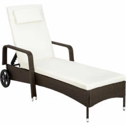 TECTAKE Bain De Soleil De Jardin Réglable à Roulettes En Résine Tressée 200 Cm X 70 Cm X 33 Cm Marron Foncé + Coussin - Marron Foncé
