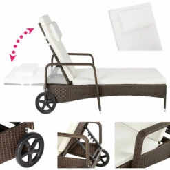 TECTAKE Bain De Soleil De Jardin Réglable à Roulettes En Résine Tressée 200 Cm X 70 Cm X 33 Cm Marron Foncé + Coussin - Marron Foncé -TECTAKE Soldes 2022 7514297 3