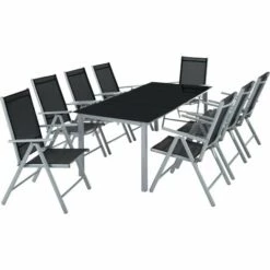 TECTAKE Salon De Jardin Avec 8 Chaises Pliantes Et 1 Table En Verre Et En Aluminium Gris Clair Noir - Gris Clair
