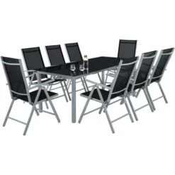 TECTAKE Salon De Jardin Avec 8 Chaises Pliantes Et 1 Table En Verre Et En Aluminium Gris Clair Noir - Gris Clair -TECTAKE Soldes 2022 7514324 5