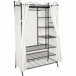 TECTAKE Armoire De Rangement, Meuble Penderie ? 7 Compartiments ? Rideau + 1 Tringle En Acier 112 Cm X 207 Cm X 57 Cm - Noir