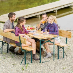 TECTAKE 1 Table Pliante Et 2 Bancs Camping Et Réception Avec Dossier En Bois Et Acier 176 Cm X 69 Cm X 76 Cm - Marron -TECTAKE Soldes 2022 7514512 4