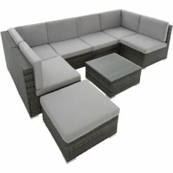 TECTAKE Salon De Jardin VENISE 7 Places Design 6 Fauteuils 1 Tabouret 1 Table En Résine Tressée Gris - Gris