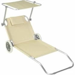 TECTAKE Transat Jardin De Bain Piscine Pliant Réglable à 2 Roues 176 Cm X 62 Cm X 90 Cm En Aluminium + Pare Soleil Beige - Beige