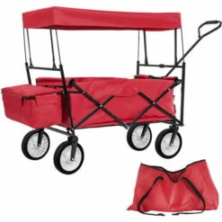 TECTAKE Chariot De Jardin, Remorque à Main Pliable Avec Toit En Bâche - Rouge