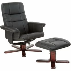 TECTAKE Fauteuil Relax Inclinable Et Pivotant Avec Repose Pied Noir - Pieds En Bois Foncé - Noir/marron