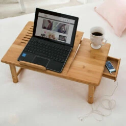 TECTAKE Table De Lit Pour Ordinateur Tablette Liseuse En Bambou Réglable En Hauteur Inclinable & Pliable + USB Ventilateur - Marron -TECTAKE Soldes 2022 7644007 5